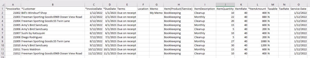 A CSV file of invoices ready to import into QuickBooks Online.