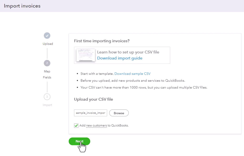 Importing invoices with new customers into QuickBooks Online via CSV file.