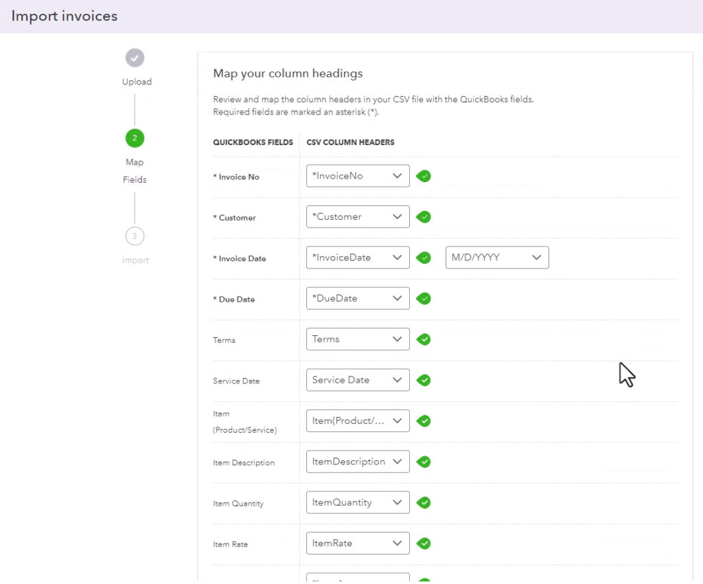 Mapping column headings when importing invoices in QuickBooks Online.