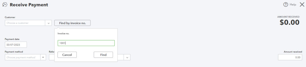 Find by Invoice No. button when receiving a payment in QuickBooks Online.