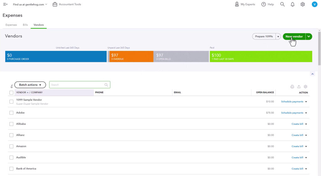 Add a new vendor to QuickBooks Online.