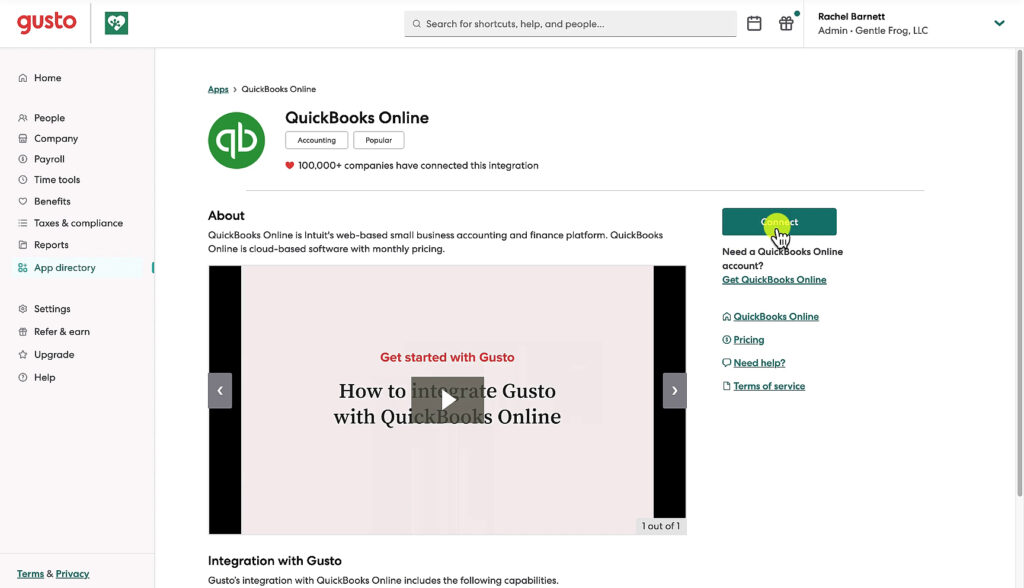 On the right-hand-side click the Connect button to being connecting your QBO with Gusto.