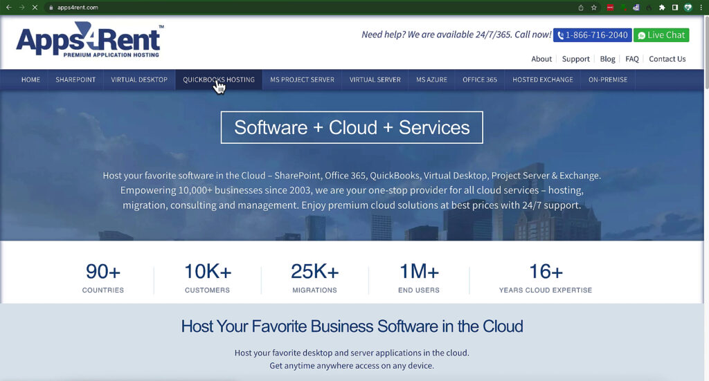 Apps4Rent homepage menu QuickBooks Hosting