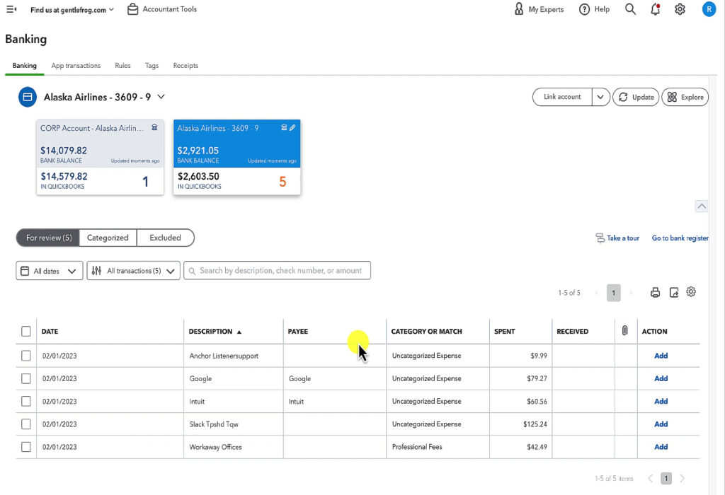 Credit card connected to QuickBooks Online.
