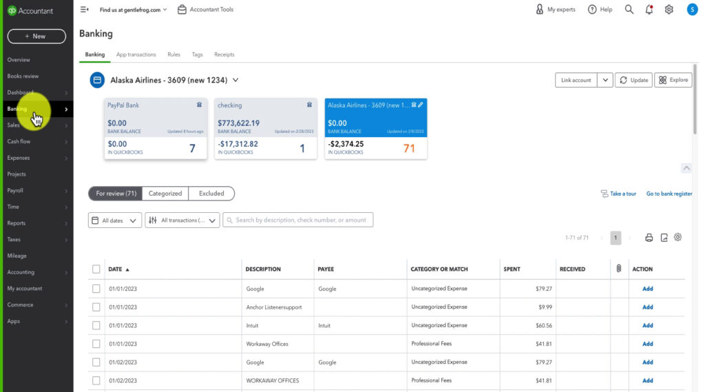The Banking screen in QuickBooks Online.