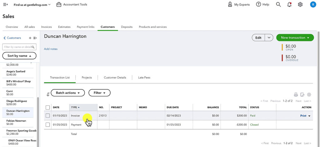 Invoice with corresponding payment in a QBO customer Transaction List.