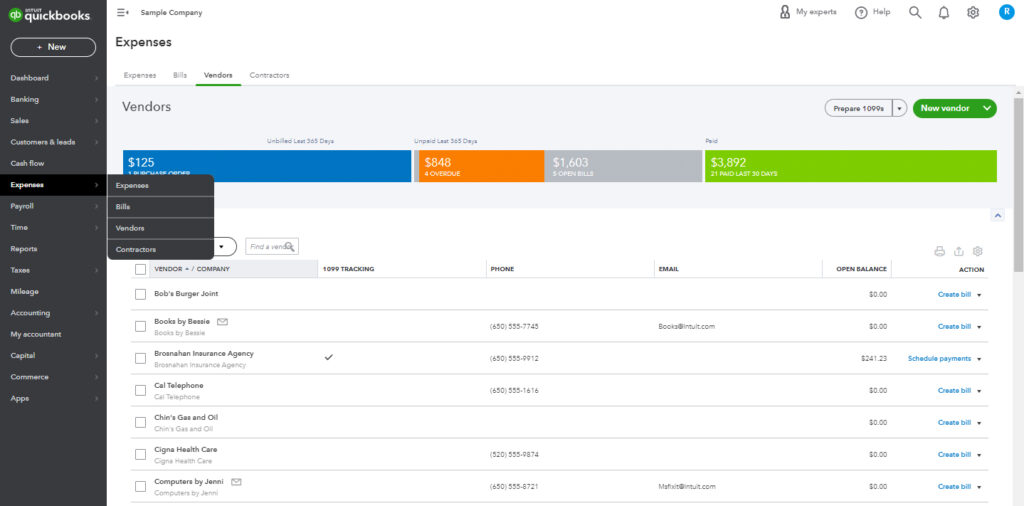 QuickBooks Online Vendor list with the Expenses menu open.