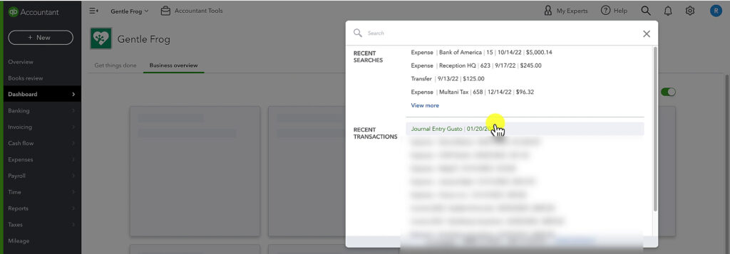 To find recent Gusto payroll Journal Entries in QBO click on the magnifying glass and it'll be under Recent Transactions.