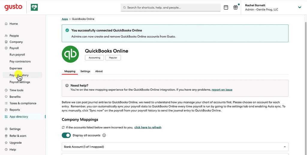 Opening Payroll history from the Gusto left-side menu.