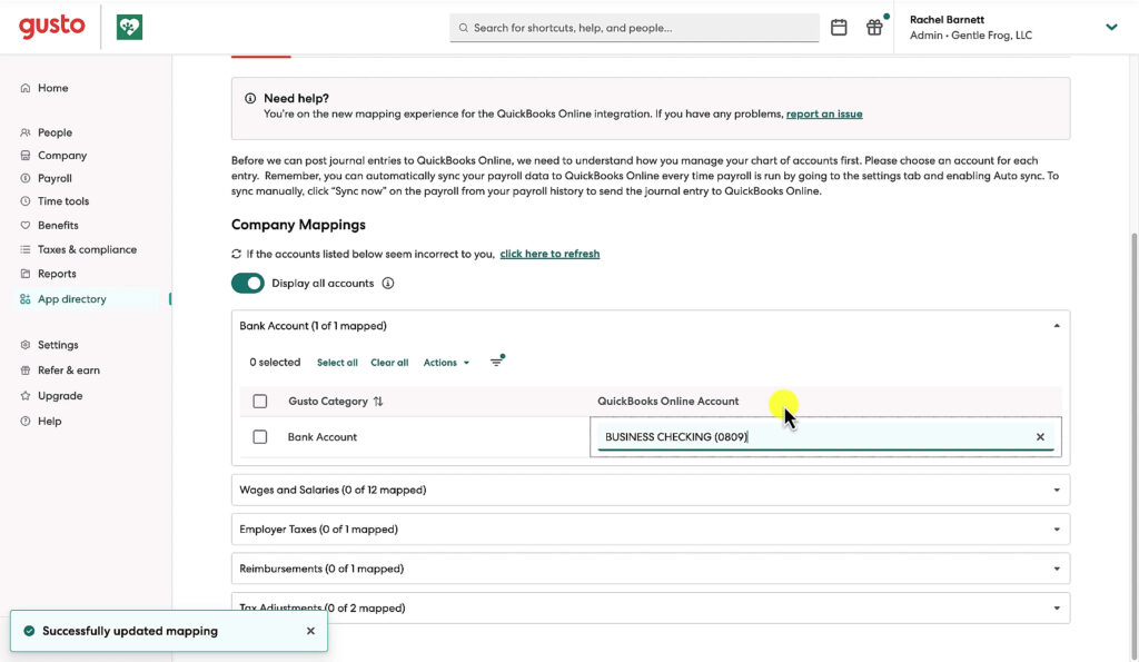 Mapping Gusto to QuickBooks Online bank account.