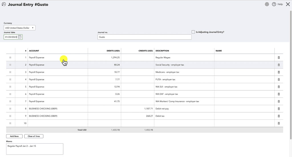 Journal Entry in QBO of payroll synced from Gusto.