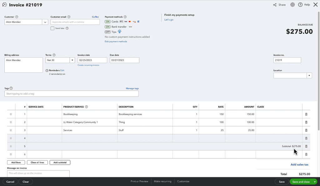 A subtotal added to an invoice in QBO.