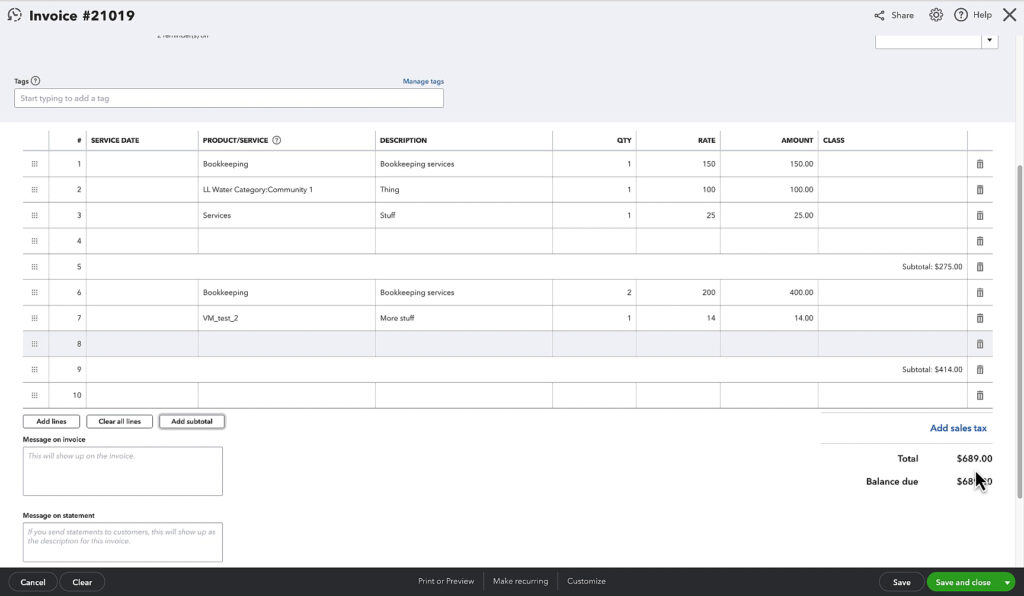 Example of an invoice with multiple subtotals in QBO.