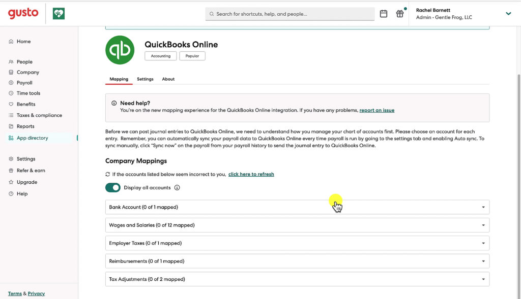 Mapping Gusto to QuickBooks Online chart of accounts.