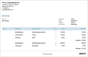 A QBO invoice with subtotals PDF print preview