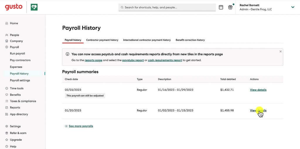 Opening details of past run Payroll in Gusto.