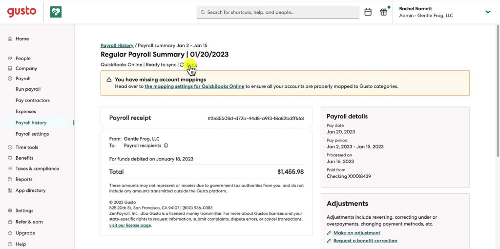 Click the blue sync link to sync your past Payroll History with QuickBooks Online.