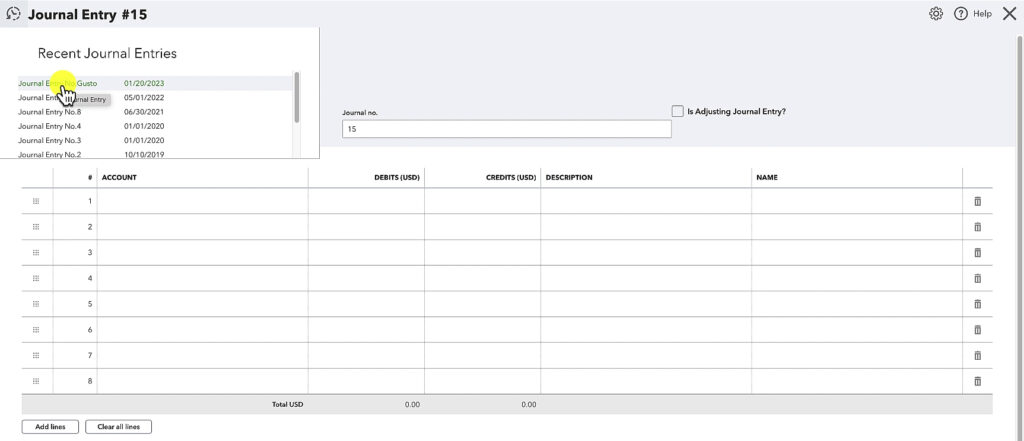 Opening a recent Gusto synced journal entry in QuickBooks Online.
