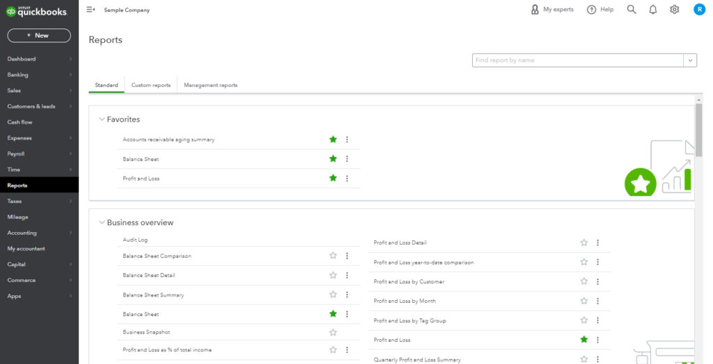 Reports Screen in QuickBooks Online.
