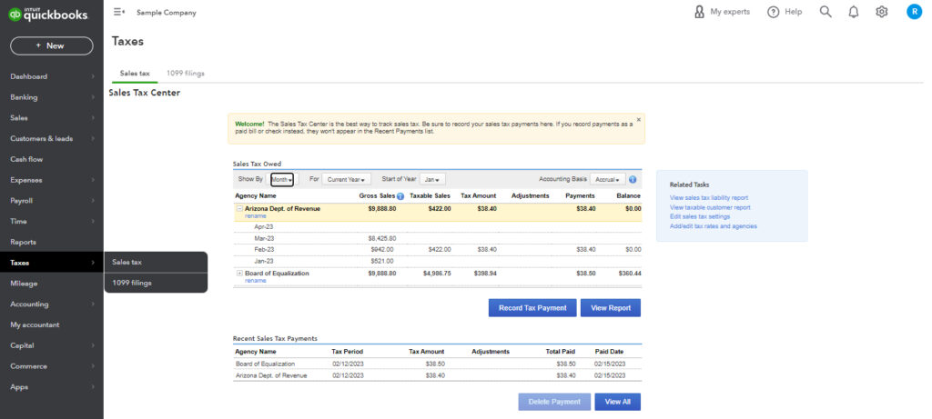 The Taxes menu with the Sales Tax Center open in QBO>
