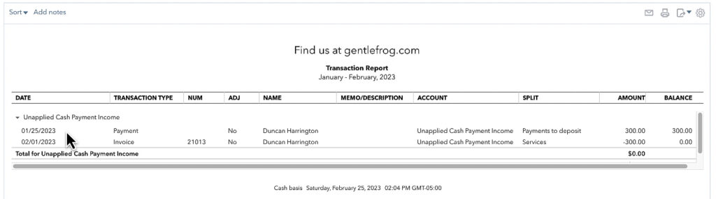 Transaction report showing Unapplied Cash Payment Income in QuickBooks Online.