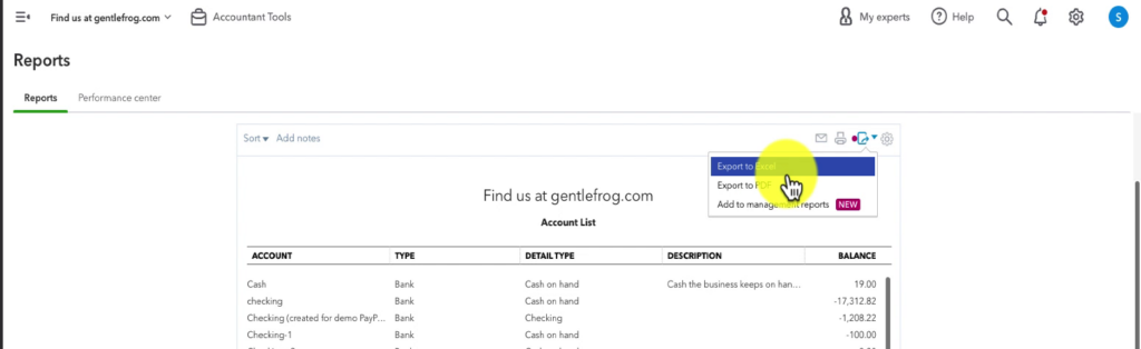 Exporting the Account List in QBO.
