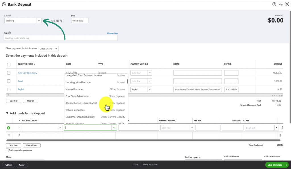 Where you'll find account names in a Bank Deposit in QBO