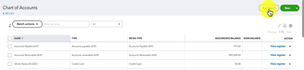 Run Report button in the CoA in QBO