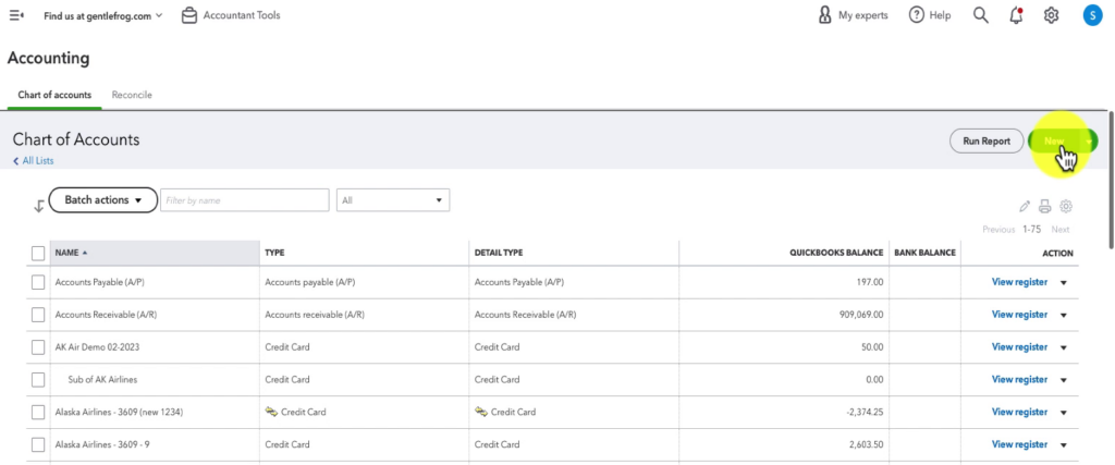 New button to add a new account to the Chart of Accounts in QBO