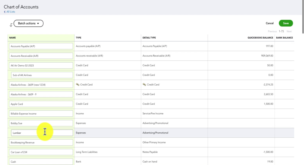 Editing account names within the Chart of Accounts in QBO