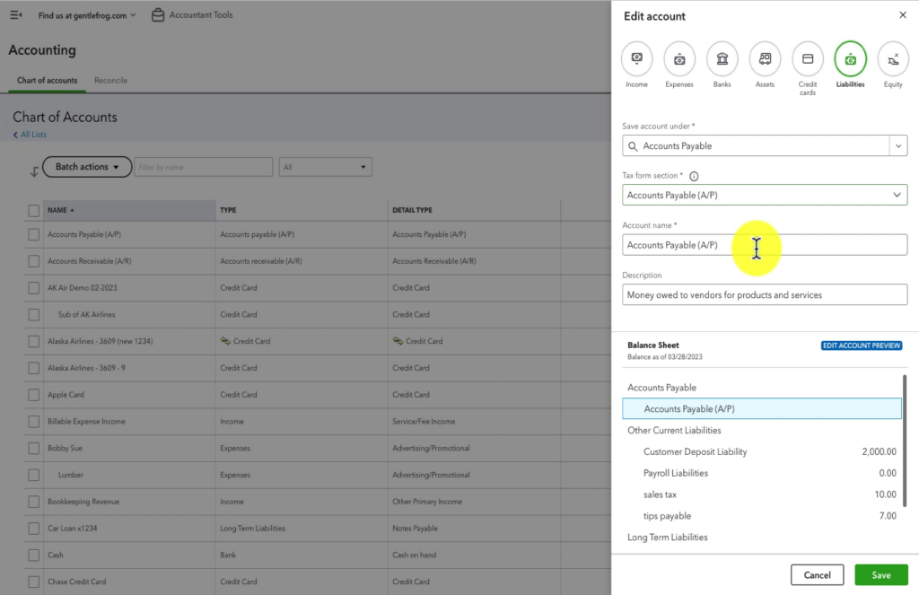 Editing accounts in the Chart of accounts in QBO