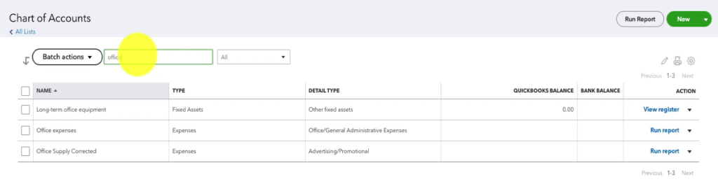 Using the Filter by name box in the QBO Chart of accounts to search for an account.