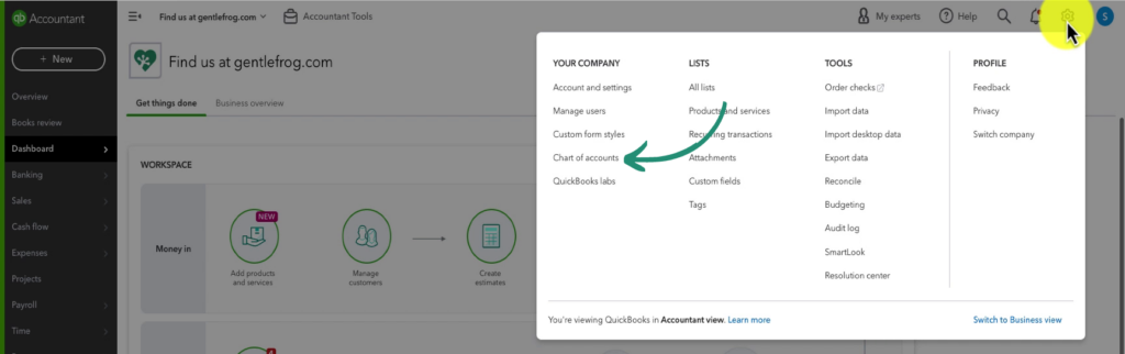 The Chart of Accounts in the QBO settings menu.