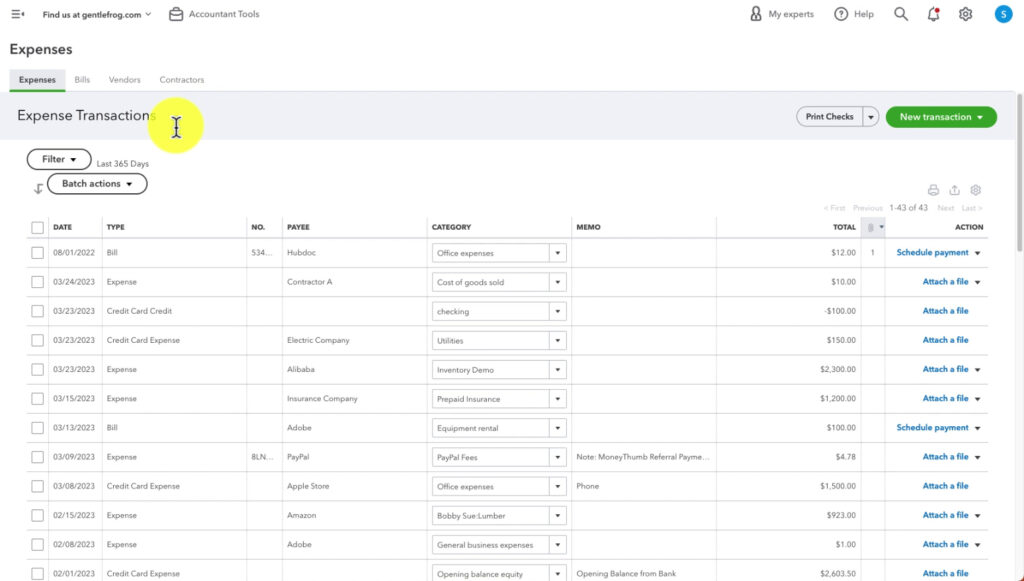 Expense Transaction List in QuickBooks Online