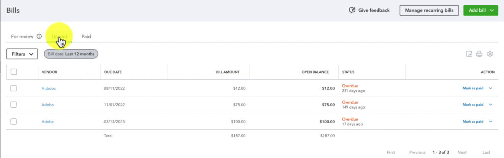 Unpaid bills tab in QBO Expenses