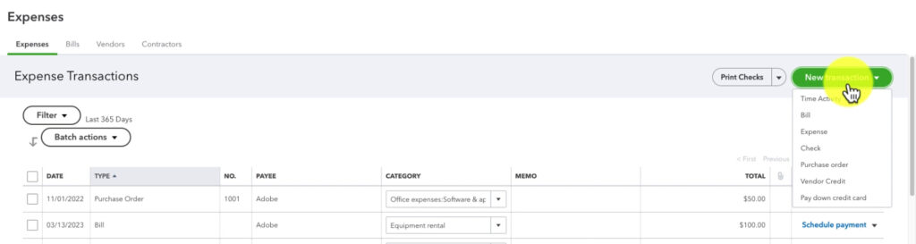 Add a new transaction from the Expenses tab in QuickBooks Online.