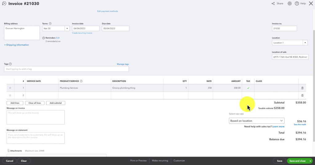 Invoice with sales tax Based on location in QBO
