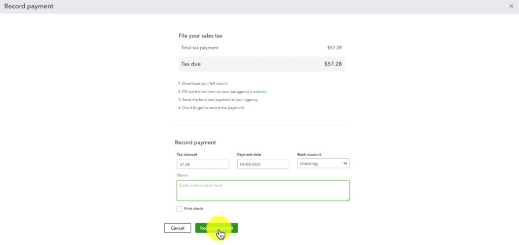 Recording a sales tax payment in QBO.