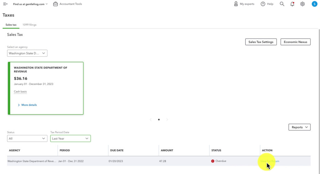 View Tax Return link in the Sales Tax screen in QBO.