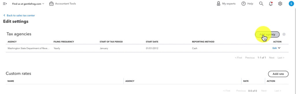 Adding a new tax agency in the QBO tax settings.
