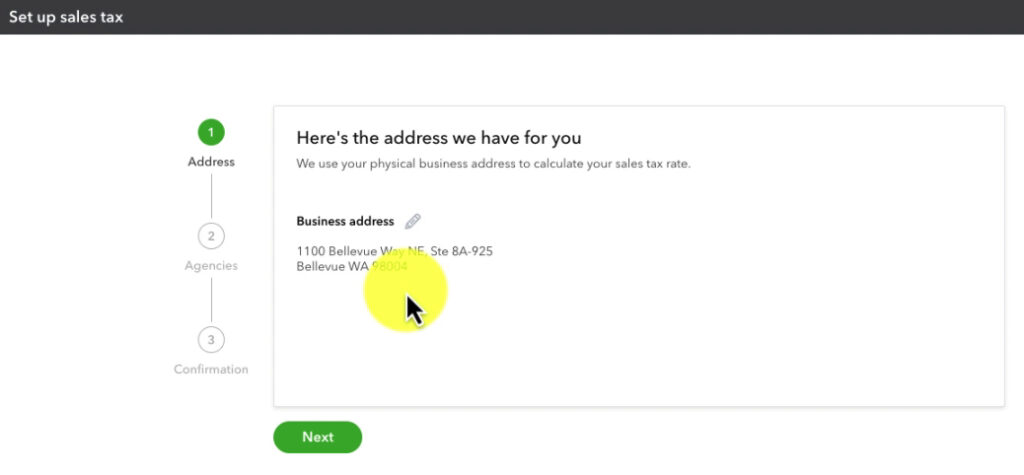 Verifying your address when setting up sales tax in QBO