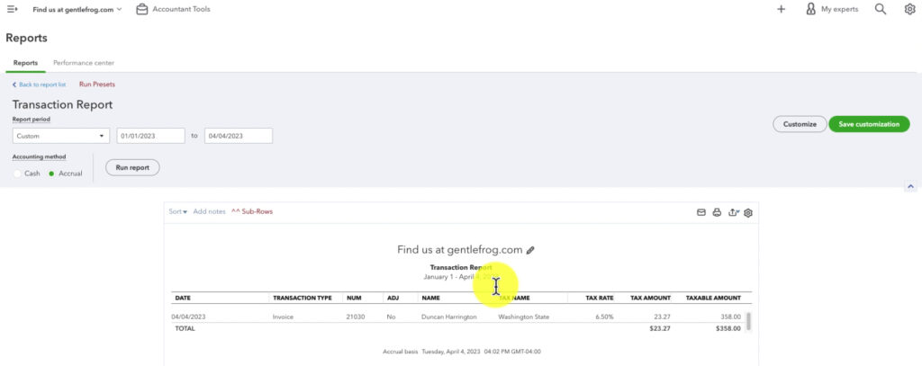 Tax liability transaction report in QBO.