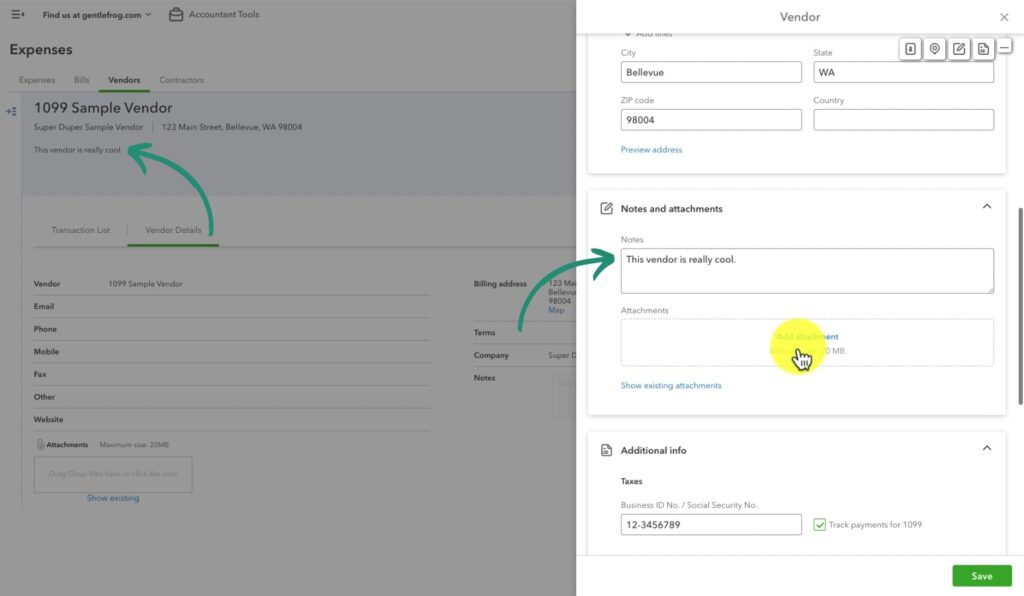 Adding vendor notes in QuickBooks Online.