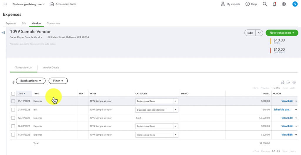 Vendor transaction list in QBO