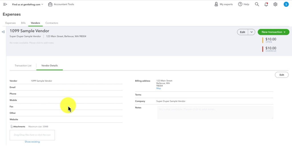 Vendor details in QBO
