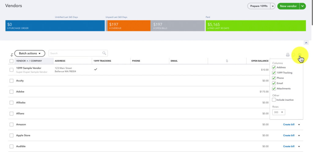 Add or subtract columns from the Vendor List in QBO