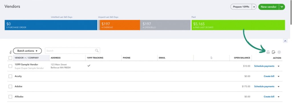 Vendor list icons for printing or exporting in QBO