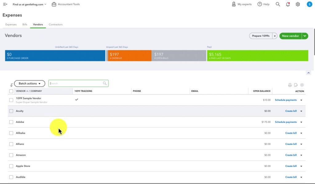 Vendors screen in QuickBooks Online.