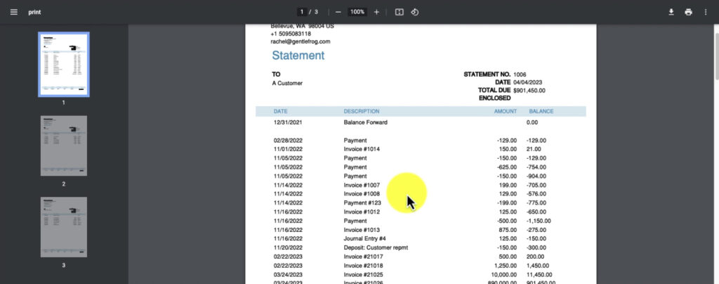 Print preview of a Balance Forward statements in QBO.