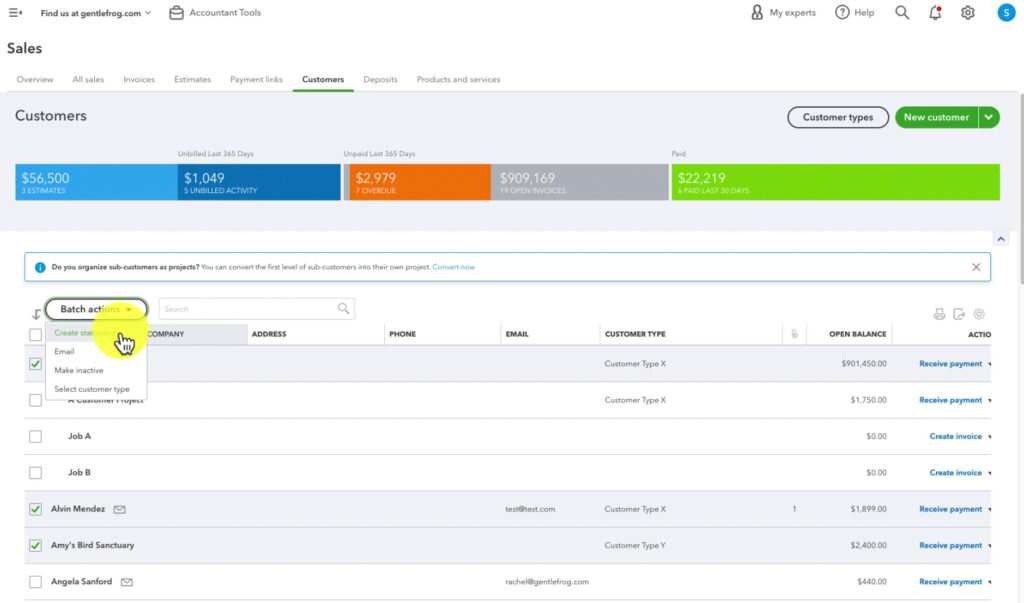 Batch action creating statements from the customer list in QBO.